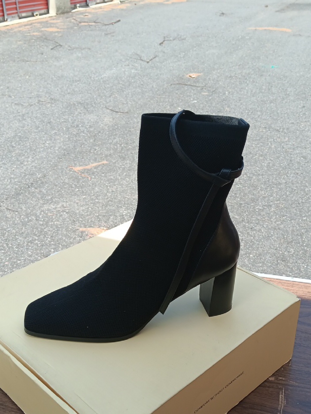 Women's Black Knit Ankle Boot with Strap and Block Heel